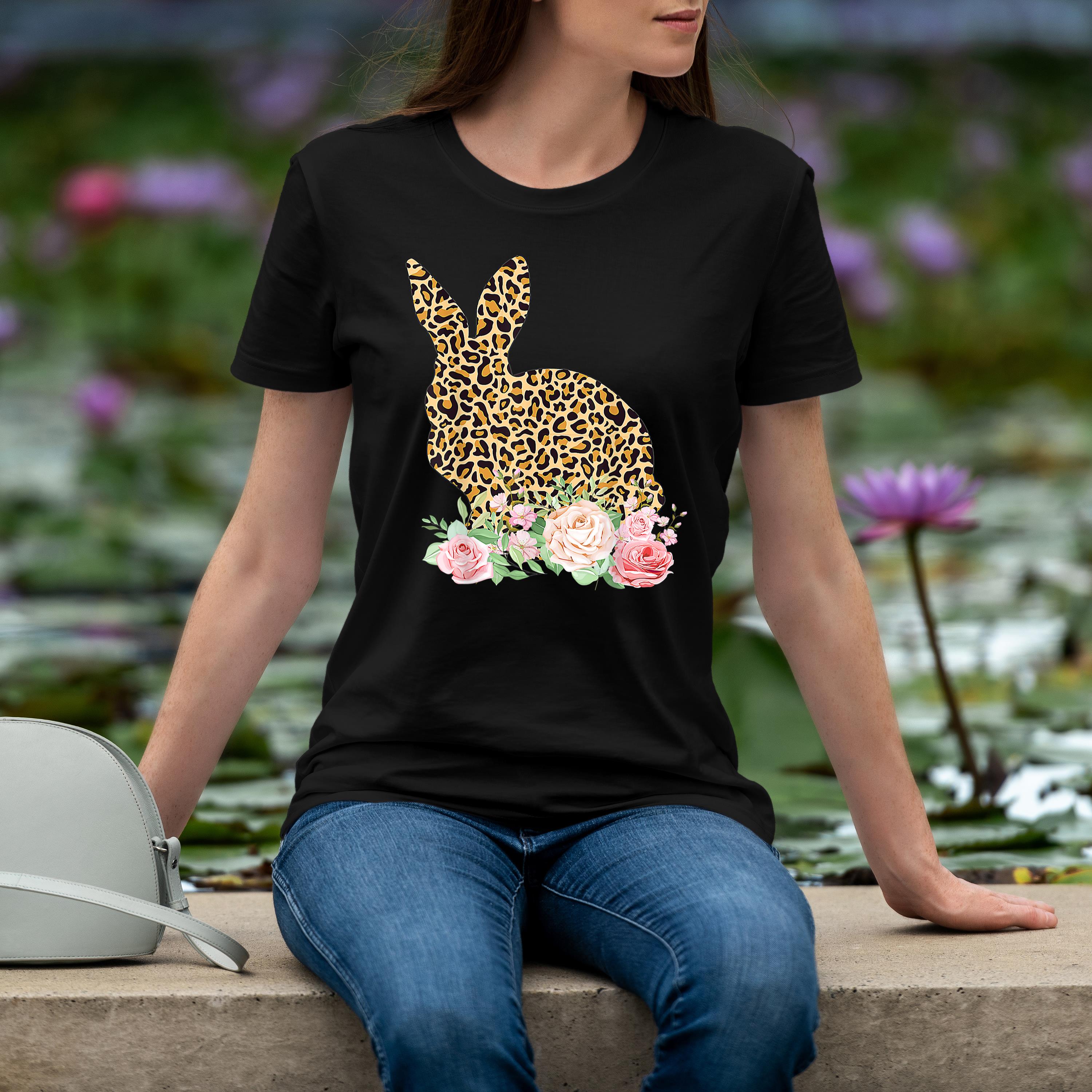 Bunny Flowers Leopard Print Girls Women Happy Easter Day Shirt 